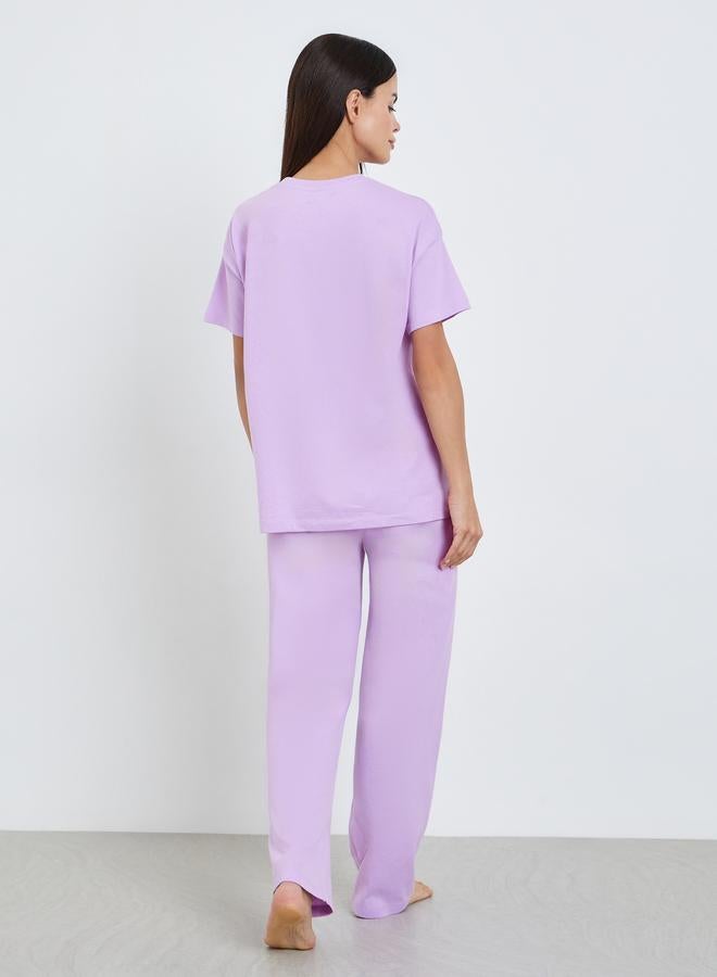 Styli Women Lilac Graphic Print T-Shirt and Pyjama Set - Image 5